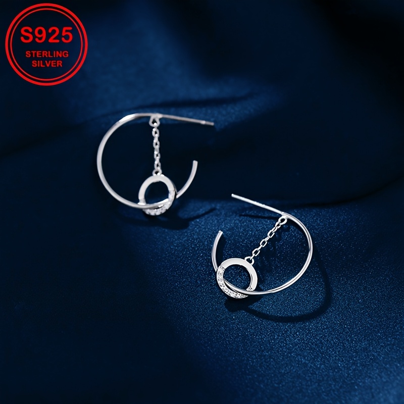 Geometric Hoop Earrings with Synthetic Zirconia Inlay S925 Silvery